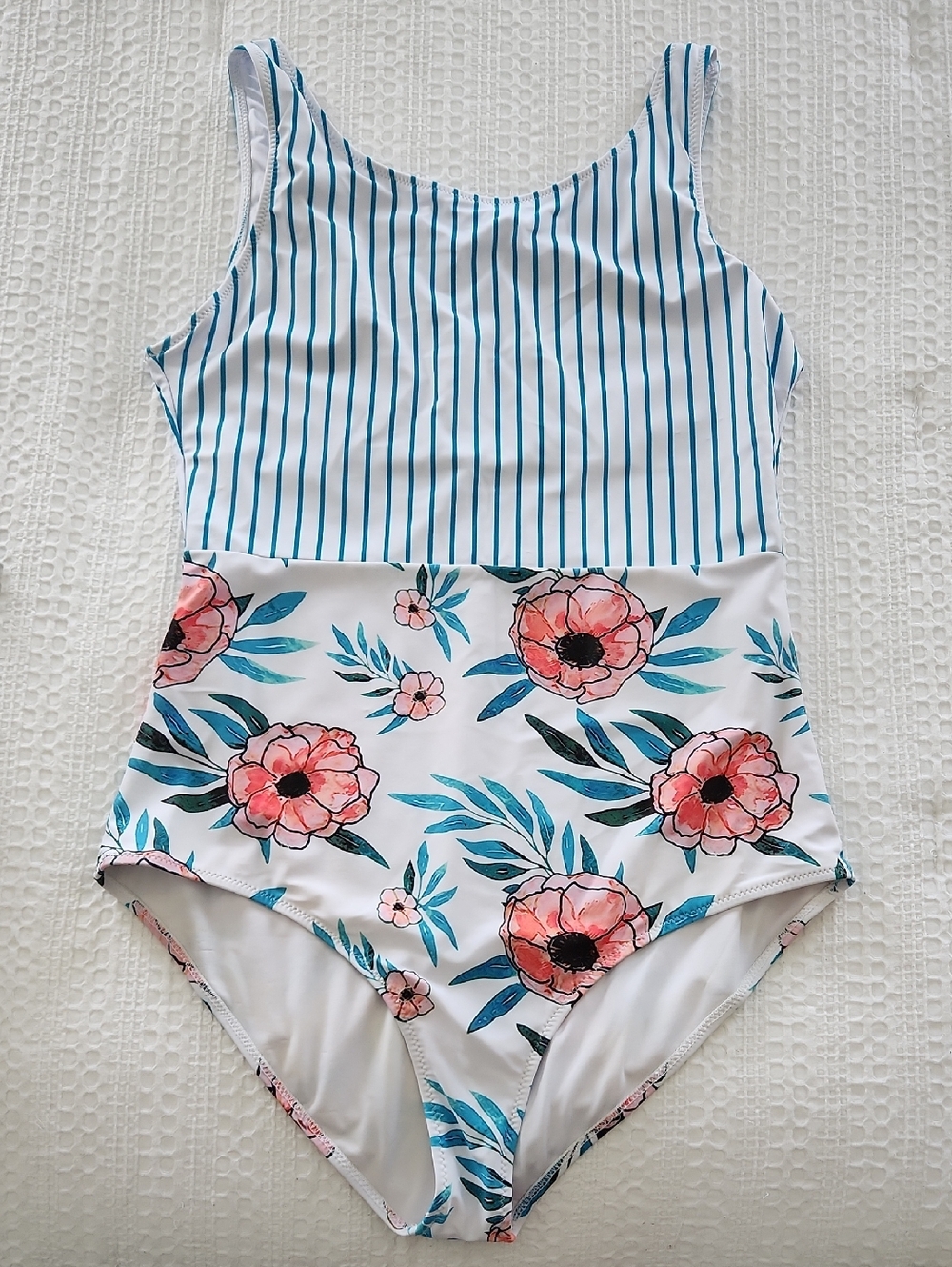 Striped & Floral One-Piece Swimsuit - White with Pink Flowers & Teal Stripes